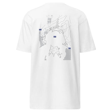 Back view of an t-shirt in white. Design features a line art graphic of Cerydra from Honkai: Star Rail in silhouette, surrounded by abstract contour lines and fragmented shapes. Small blue text boxes with the words "Veni," "Vidi," and "Vici" are placed across the design.