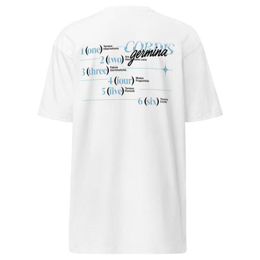 Back view of an t-shirt in white. Design is a structured typographic design across the upper back. The composition features a numbered sequence from one to six, each paired with Latin or pseudo-Latin text. The layout is horizontal with thin dividing lines and varied type treatments, creating a grid-like visual system.