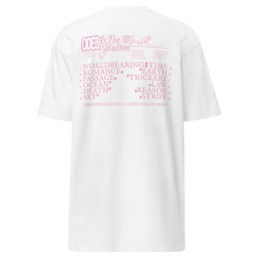 Back view of an t-shirt in white. The design includes stylized text at the top reading ‘ODES As I’ve Written’ with a small decorative image beside it. Below this header, a grid-like arrangement lists words in Roman numeral order, such as ‘WORLD,’ ‘ROMANCE,’ ‘PASSAGE,’ ‘OCEAN,’ ‘DEATH,’ ‘SKY,’ ‘TIME,’ ‘EARTH,’ ‘TRICKERY,’ ‘LAW,’ ‘REASON,’ and ‘STRIFE.’ The typography mixes serif and decorative styles, giving the shirt a poetic, vintage-inspired aesthetic.