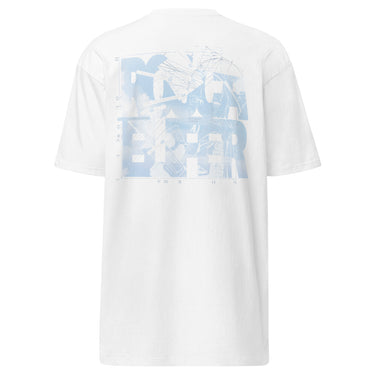 Back view of a t-shirt in white. A large square collage in pale sky blue layers oversized fragmented lettering over clouds, handwritten script and geometric diagram lines. Numbered index strips read 'Total Unity', 'Genius-Villain Paradox' and 'Chain of Genesis', with smaller labels for 'experiment log' and 'tech status: unstable'. A thin border frames the panel, with the name set vertically down the left edge.