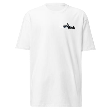 Front view of an t-shirt in white. Design features a small logo on the upper chest featuring the words "spook shack" in a stacked, stylized font, with abstract horizontal brush strokes layered behind the text.