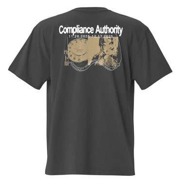 Back view of an oversized tee in black. A large graphic composition spans the upper back, featuring the phrase “Compliance Authority” in bold at the top, with a date range centered beneath it. Below, a rectangular collage combines a textured illustration of a dial-like object and a stylized figure, framed by vertical bars with additional characters. Thin linework of symmetrical wings extends outward from the bottom edge of the collage, adding contrast to the overall layered design.