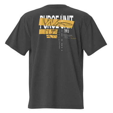 Back view of an oversized tee in black. A large graphic composition spans the upper back, dominated by the phrase “PURGE UNIT” in bold white uppercase text. Horizontal gold bands cut across the lettering, partially obscuring it while revealing fine black line illustrations that resemble a mechanical robot. To the right of the main composition, smaller text reads “TYPE 0,” accompanied by a vertical column of numbers arranged like a technical index.