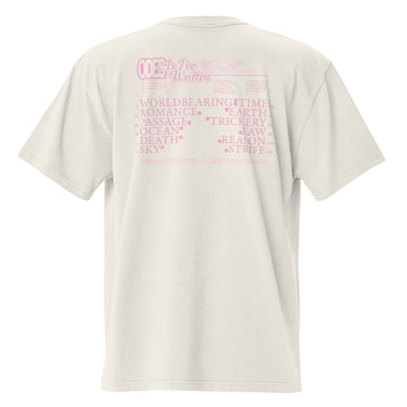 Back view of an oversized tee in faded bone. The design includes stylized text at the top reading ‘ODES As I’ve Written’ with a small decorative image beside it. Below this header, a grid-like arrangement lists words in Roman numeral order, such as ‘WORLD,’ ‘ROMANCE,’ ‘PASSAGE,’ ‘OCEAN,’ ‘DEATH,’ ‘SKY,’ ‘TIME,’ ‘EARTH,’ ‘TRICKERY,’ ‘LAW,’ ‘REASON,’ and ‘STRIFE.’ The typography mixes serif and decorative styles, giving the shirt a poetic, vintage-inspired aesthetic.