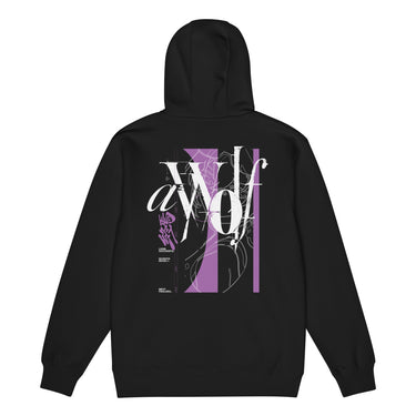 Back view of a Zip Hoodie in Black. Large expressive brush-script lettering reading "aWolf" spans the upper back, layered over a color-blocked stripe panel with fine linework illustration behind it. Beside it, a small graffiti-style character mark for "终焉" (Finality) sits next to vertical HUD-style readout text: "LOGIN SUCCESSFUL," "NO PATCH NOTES >>," and "INPUT FINALIZED..."