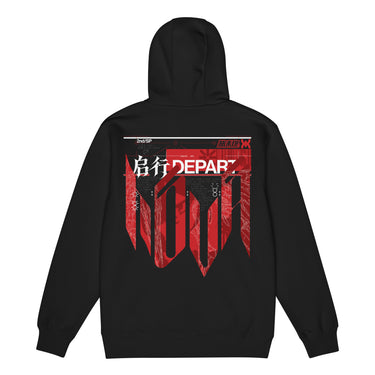 Back view of a zip hoodie in black. A large HUD-style graphic dominates the upper back, pairing a bold 'DEPART' wordmark with the stacked characters '启行' above a jagged red banner shaped like a torn transit map, its silhouette faintly tracing a figure's profile. Dense micro-typography runs down both sides in vertical blocks of English verse about starlight and a dead sun, framed by sunburst icons, a small red stamp reading '旅未终,' and a technical grid header labeled '2nd/SP.'