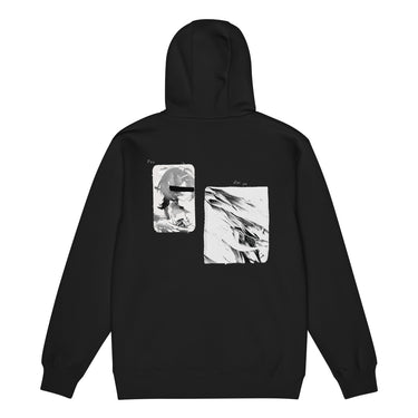 Back view of a zip hoodie in black. A large two-panel composition fills the back. On the left, a halftoned portrait with a solid black bar across the eyes; to the right, a wider panel of sweeping feathers in heavy contrast. The words "pas" and "d'aveu" float above them in a fine serif, the letters spaced apart and drifting.