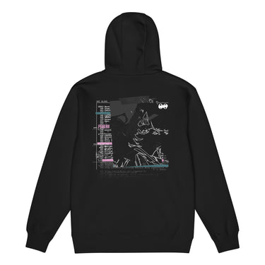 Back view of a zip hoodie in Black. A large collaged graphic fills the back: a ruled record card labelled "ONI BLOOD", "NAME" and "POSITION AND RANK" in small white capitals, its name line filled in with pink Japanese characters over a faint column of typewritten Latin plant names struck through with pink and teal highlighter bars. Beside it, an expressive white line drawing of a figure with a long bladed polearm sits over halftone shading and translucent dark panels.