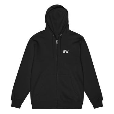 Front view of a Zip Hoodie in Black. A small chest graphic reading "silvie" in a bold, hand-lettered signature style, framed by loose script strokes and star accents.