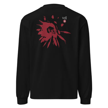 Back view of an longsleeve in black. HSR Evernight inspired design shows a large abstract red flower graphic in the center. Above the flower, text reads “veil” with a red circular stamp containing a chinese character.