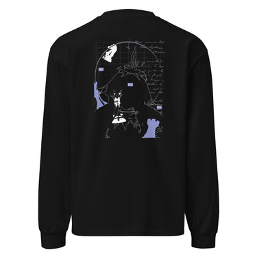 Back view of an longsleeve in black. Design features a large graphic showing a silhouette of Cerydra from Honkai: Star Rail, surrounded by abstract line art, handwritten text, strategic grid elements, and chess piece motifs in white and light blue.