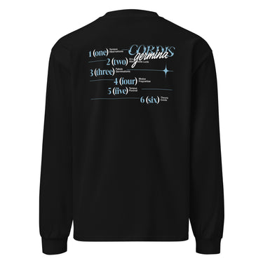 Back view of an longsleeve in black. Design is a structured typographic design across the upper back. The composition features a numbered sequence from one to six, each paired with Latin or pseudo-Latin text. The layout is horizontal with thin dividing lines and varied type treatments, creating a grid-like visual system.