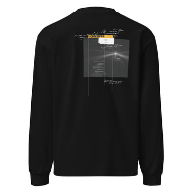 Back view of an longsleeve in black. Design shows a rectangular grayscale graphic centered on the upper back showing a lighthouse shining into darkness. Above the image is a yellow label reading “LIGHTKEEPER,” surrounded by thin white grid lines and handwritten script text for a technical, conceptual design aesthetic