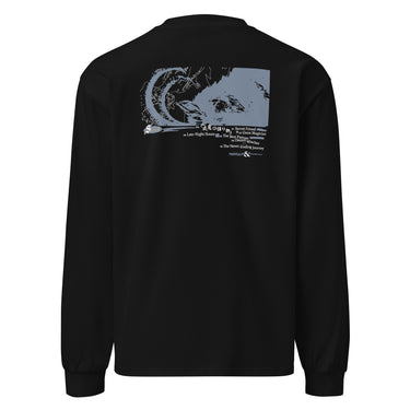 Back view of an longsleeve in black. Design is a large back graphic featuring a silouhette, line lined illustration with a caprinae like silhouette overlaid on the right side. Below the main graphic is a numbered list of phrases including "Late-Night Hours," "Secret Friend," "The Best Partner," and "The Never Ending Journey," followed by the words "FAIRYTALES & ETHEREALS" at the bottom.