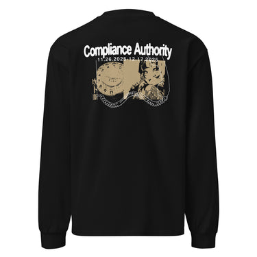 Back view of an longsleeve in black. A large graphic composition spans the upper back, featuring the phrase “Compliance Authority” in bold at the top, with a date range centered beneath it. Below, a rectangular collage combines a textured illustration of a dial-like object and a stylized figure, framed by vertical bars with additional characters. Thin linework of symmetrical wings extends outward from the bottom edge of the collage, adding contrast to the overall layered design.