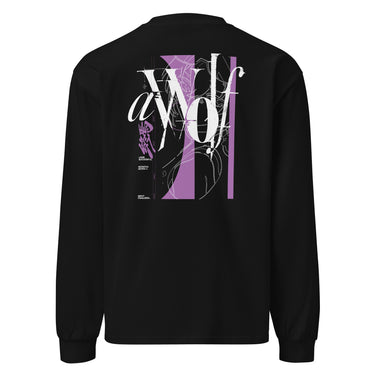Back view of a Longsleeve in Black. Large expressive brush-script lettering reading "aWolf" spans the upper back, layered over a color-blocked stripe panel with fine linework illustration behind it. Beside it, a small graffiti-style character mark for "终焉" (Finality) sits next to vertical HUD-style readout text: "LOGIN SUCCESSFUL," "NO PATCH NOTES >>," and "INPUT FINALIZED..."