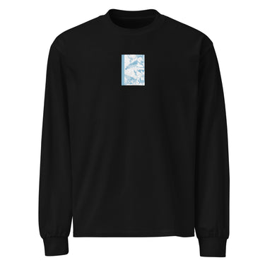 Front view of an longsleeve in black. Design is a bitmapped illustration of Seed from Zenless Zone Zero, in a small centered rectangular graphic on the chest. The graphic is composed of light tones.