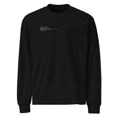 Front view of a longsleeve in Black. A small block of type sits high on the chest: three lines of white monospaced capitals reading "HOLLOW AFFAIRS AND NEUTRALIZATION DEPT." above a thin white rule, with "SECTION 6" set beneath it in muted teal.