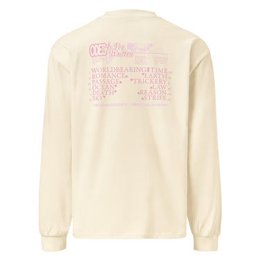 Back view of an longsleeve in beige. The design includes stylized text at the top reading ‘ODES As I’ve Written’ with a small decorative image beside it. Below this header, a grid-like arrangement lists words in Roman numeral order, such as ‘WORLD,’ ‘ROMANCE,’ ‘PASSAGE,’ ‘OCEAN,’ ‘DEATH,’ ‘SKY,’ ‘TIME,’ ‘EARTH,’ ‘TRICKERY,’ ‘LAW,’ ‘REASON,’ and ‘STRIFE.’ The typography mixes serif and decorative styles, giving the shirt a poetic, vintage-inspired aesthetic.