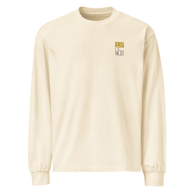 Front view of an longsleeve in ecru. Design features a small graphic on the left chest. The graphic has the phrase "Pillar of Stone" stacked word on word in all caps. The word "Pillar" is highlighted in yellow.