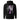 Back view of a Hoodie in Black. Large expressive brush-script lettering reading "aWolf" spans the upper back, layered over a color-blocked stripe panel with fine linework illustration behind it. Beside it, a small graffiti-style character mark for "终焉" (Finality) sits next to vertical HUD-style readout text: "LOGIN SUCCESSFUL," "NO PATCH NOTES >>," and "INPUT FINALIZED..."