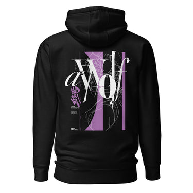 Back view of a Hoodie in Black. Large expressive brush-script lettering reading "aWolf" spans the upper back, layered over a color-blocked stripe panel with fine linework illustration behind it. Beside it, a small graffiti-style character mark for "终焉" (Finality) sits next to vertical HUD-style readout text: "LOGIN SUCCESSFUL," "NO PATCH NOTES >>," and "INPUT FINALIZED..."