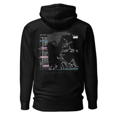 Back view of a hoodie in Black. A large collaged graphic fills the back: a ruled record card labelled "ONI BLOOD", "NAME" and "POSITION AND RANK" in small white capitals, its name line filled in with pink Japanese characters over a faint column of typewritten Latin plant names struck through with pink and teal highlighter bars. Beside it, an expressive white line drawing of a figure with a long bladed polearm sits over halftone shading and translucent dark panels.