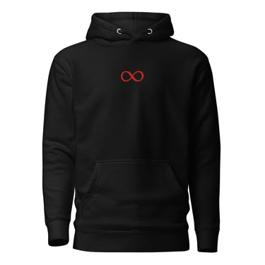 Front view of a hoodie in black. A small red infinity-loop motif sits at the center chest as the only graphic — minimalist and restrained, with bold color contrast against the dark fabric.