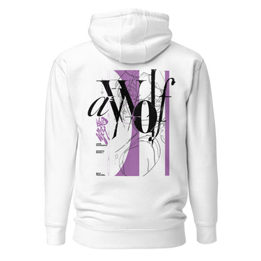 Back view of a Hoodie in White. Large expressive brush-script lettering reading "aWolf" spans the upper back, layered over a color-blocked stripe panel with fine linework illustration behind it. Beside it, a small graffiti-style character mark for "终焉" (Finality) sits next to vertical HUD-style readout text: "LOGIN SUCCESSFUL," "NO PATCH NOTES >>," and "INPUT FINALIZED..."