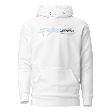Front view of a hoodie in white. A stylized wordmark across the chest paired with a small emblem-style logo, layered over faint scratchy handwritten script, with a single legible line reading 'the rays of the sun warms me so' beneath it.