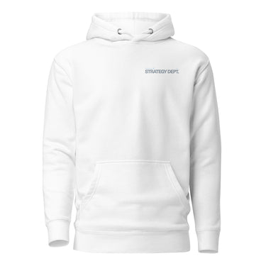 Front view of a hoodie in white. Small tonal chest lockup reading "External" above "STRATEGY DEPT." in pale blue and soft grey, set in a condensed bold sans with tiny wing and crosshair marks. A low-contrast print that sits close to the fabric.