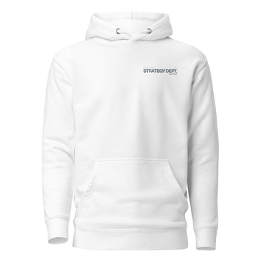 Front view of a hoodie in white. A small right-chest graphic in slate grey and pale blue reads 'External' above 'STRATEGY DEPT.', with 'Chief Tech' beneath, set in condensed technical type flanked by tiny aircraft glyphs.