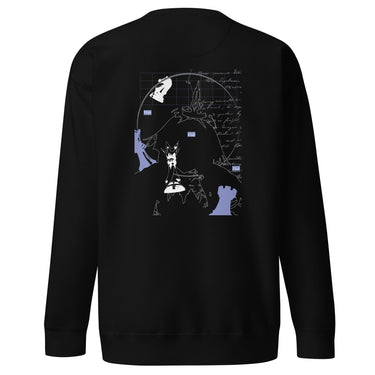 Back view of an sweatshirt in black. Design features a large graphic showing a silhouette of Cerydra from Honkai: Star Rail, surrounded by abstract line art, handwritten text, strategic grid elements, and chess piece motifs in white and light blue.