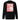 Back view of a sweatshirt in black. A large coral pink poster panel fills the upper back, printed with a stylized winged figure in soft tonal linework set against a bank of clouds. Horizontal white bars redact most of the text, leaving the words "she, who silences the ether" legible between them, with faint handwritten script and a small circular seal layered underneath. An expressive, editorial, graphic-forward composition.