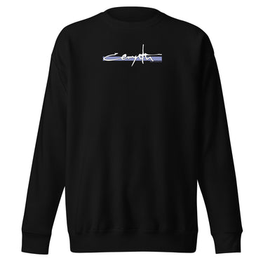 Front view of an sweatshirt in black. Design showcases the word "Cerydra" in a stylized white script over a blue underline across the chest. Accompanied by "Rule Sundered"