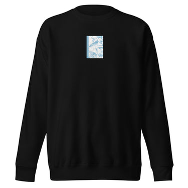 Front view of an sweatshirt in black. Design is a bitmapped illustration of Seed from Zenless Zone Zero, in a small centered rectangular graphic on the chest. The graphic is composed of light tones.