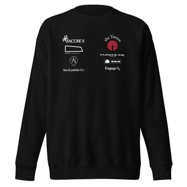 Front view of a sweatshirt in black. A graphic-forward arrangement of stylized sponsor-style logos fills the upper chest in two columns — featuring marks reading "ENCORE X," "the Tavern," "PUNCHLINE Tuning," "blocked. media management," "lies & palette Co.," "144," and "Engage," alongside a circular flame emblem. White and deep crimson on black.
