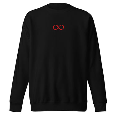 Front view of a sweatshirt in black. A small red infinity-loop motif sits at the center chest as the only graphic — minimalist and restrained, with bold color contrast against the dark fabric.