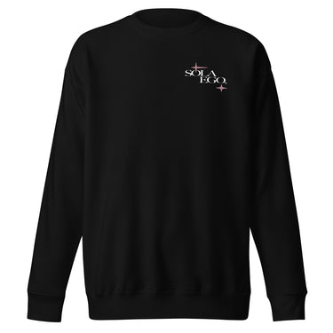 Front view of a sweatshirt in black. A small left-chest graphic reads 'SOLA EGO' in a high-contrast serif, split across two lines, with two four-pointed star accents in dusty pink flanking the type.