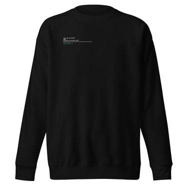 Front view of a sweatshirt in Black. A small block of type sits high on the chest: three lines of white monospaced capitals reading "HOLLOW AFFAIRS AND NEUTRALIZATION DEPT." above a thin white rule, with "SECTION 6" set beneath it in muted teal.