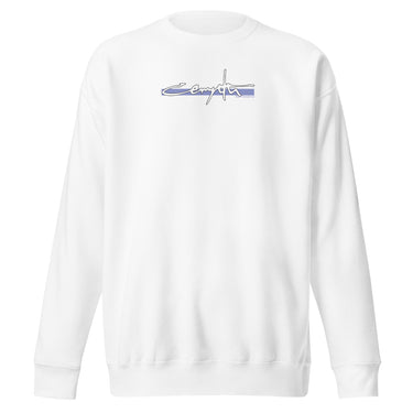 Front view of an sweatshirt in white. Design showcases the word "Cerydra" in a stylized white script over a blue underline across the chest. Accompanied by "Rule Sundered"