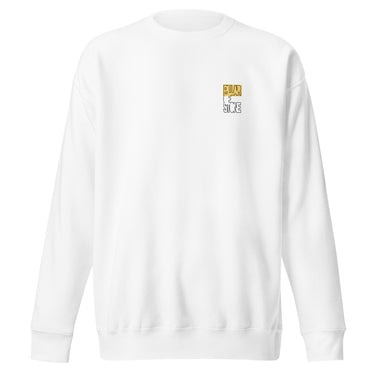 Front view of an sweatshirt in white. Design features a small graphic on the left chest. The graphic has the phrase "Pillar of Stone" stacked word on word in all caps. The word "Pillar" is highlighted in yellow.