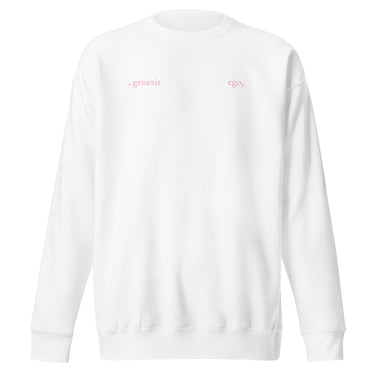Front view of an sweatshirt in white. Design features small text printed across the upper chest: the word ‘genesis’ on the left side, preceded by a circular symbol, and the word ‘ego’ on the right side preceded by a music note.