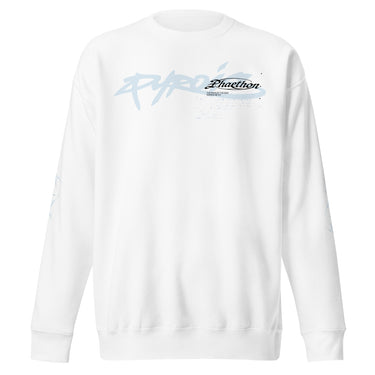 Front view of a sweatshirt in white. A stylized wordmark across the chest paired with a small emblem-style logo, layered over faint scratchy handwritten script, with a single legible line reading 'the rays of the sun warms me so' beneath it.