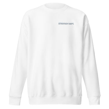 Front view of a sweatshirt in white. Small tonal chest lockup reading "External" above "STRATEGY DEPT." in pale blue and soft grey, set in a condensed bold sans with tiny wing and crosshair marks. A low-contrast print that sits close to the fabric.