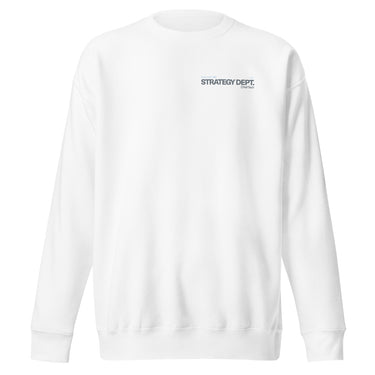 Front view of a sweatshirt in white. A small right-chest graphic in slate grey and pale blue reads 'External' above 'STRATEGY DEPT.', with 'Chief Tech' beneath, set in condensed technical type flanked by tiny aircraft glyphs.