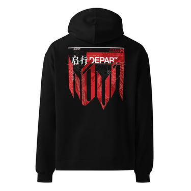 Back view of a oversized hoodie in black. A large HUD-style graphic dominates the upper back, pairing a bold 'DEPART' wordmark with the stacked characters '启行' above a jagged red banner shaped like a torn transit map, its silhouette faintly tracing a figure's profile. Dense micro-typography runs down both sides in vertical blocks of English verse about starlight and a dead sun, framed by sunburst icons, a small red stamp reading '旅未终,' and a technical grid header labeled '2nd/SP.'