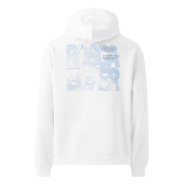 Back view of a oversized hoodie in white. Oversized stacked lettering spelling "ROSCAELIFER" fills the upper back, the letterforms knocked out of a pale blue cloudscape. A numbered index runs alongside it in small grey type, from "01 ORDER" through "06 EXECUTIVE", with fine print reading "a porcelain standard" and "case status: open". An airy, editorial, graphic-forward layout.
