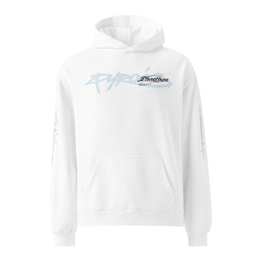 Front view of a oversized hoodie in white. A stylized wordmark across the chest paired with a small emblem-style logo, layered over faint scratchy handwritten script, with a single legible line reading 'the rays of the sun warms me so' beneath it.