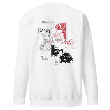Back view of a solid-colored sweatshirt. A large collage graphic on the upper back features a fine-line portrait of the character Argenti from Honkai: Star Rail holding a rose. The design is layered with multiple blocks of text in various fonts and several patches of high-contrast, textured patterns.